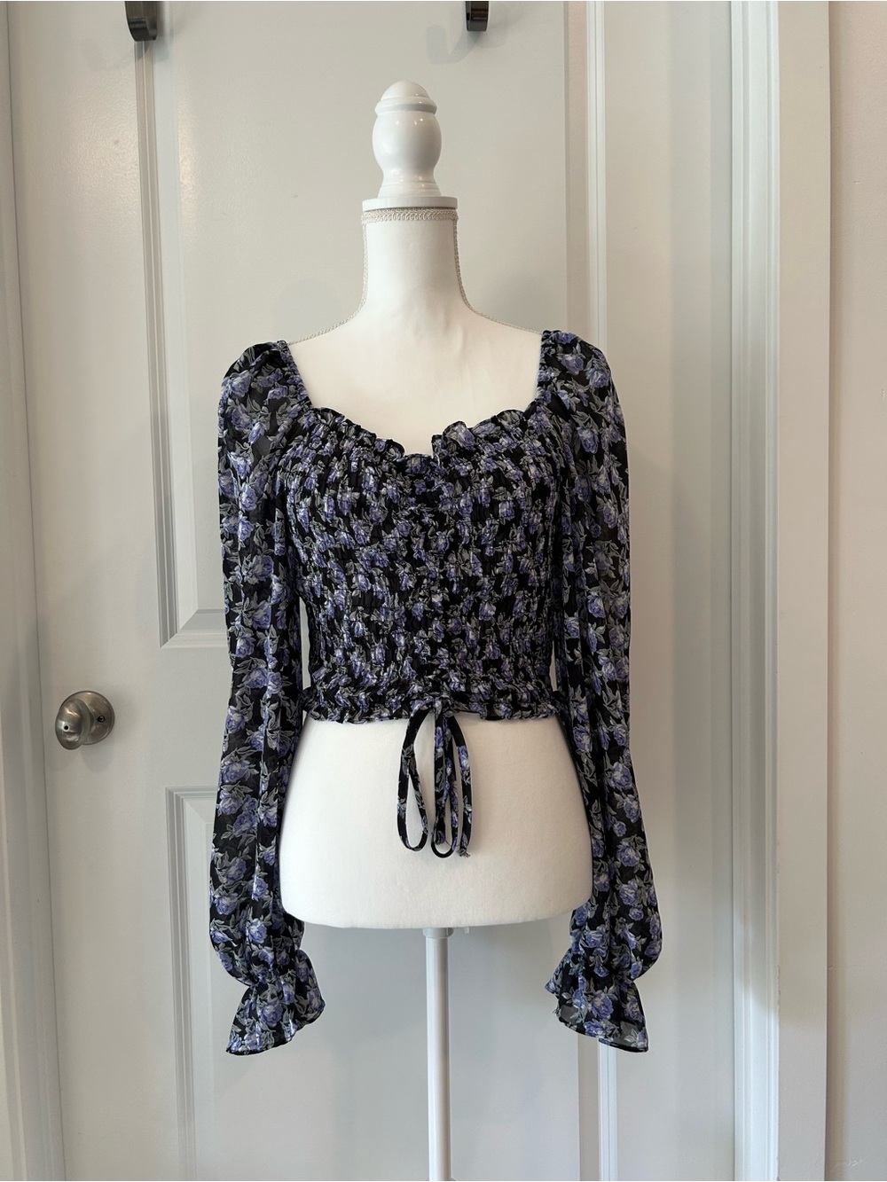 Papaya Black Floral Smocked Tie-Front Long Sleeve Crop Top